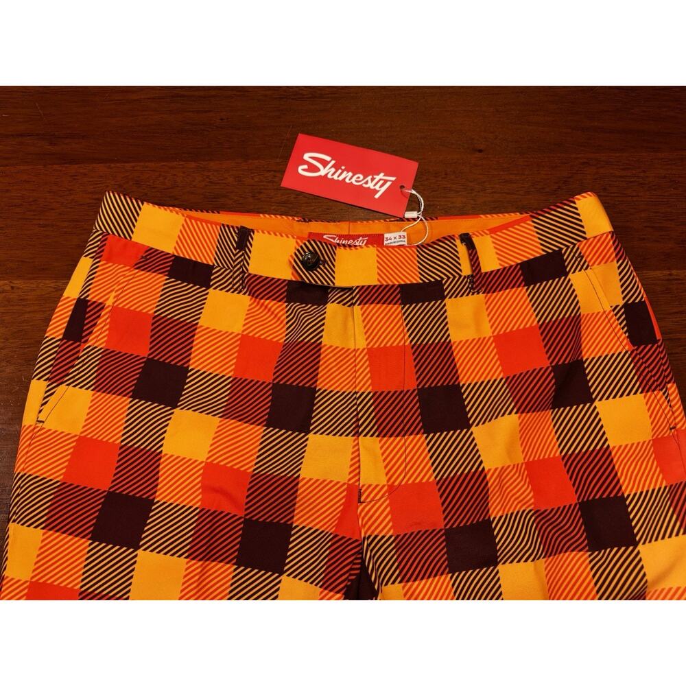 New 34 X 33 Shinesty Pants Orange Plaid Checkered Crazy Thanksgiving